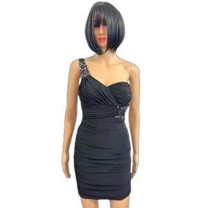 City Studio Black One Strap‎ Gathered Dress with Sequins Fully Lined